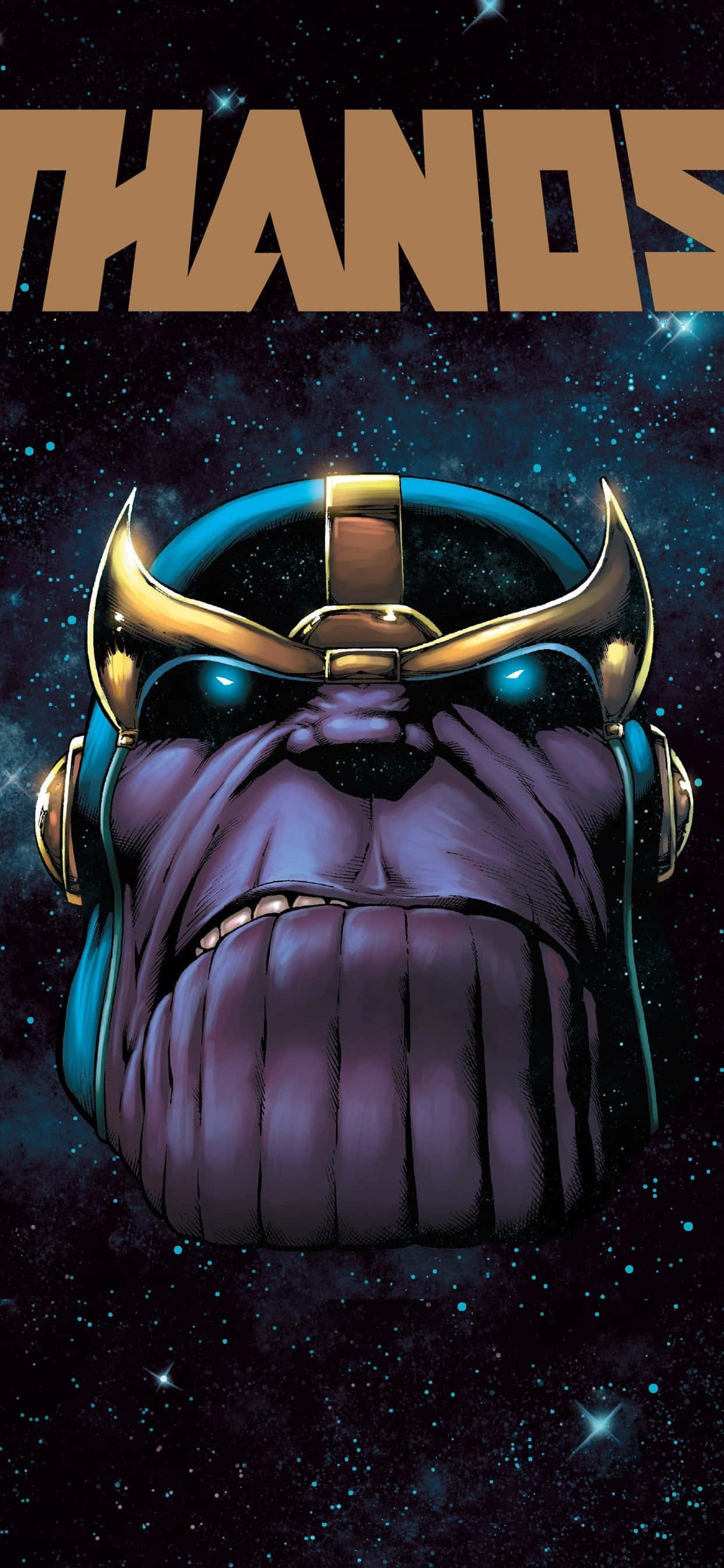 Thanos 桌布 壁紙 — 薩諾斯帶有金色頭盔的紫色威脅面孔，在星空宇宙虛空下凝視著他的名字。