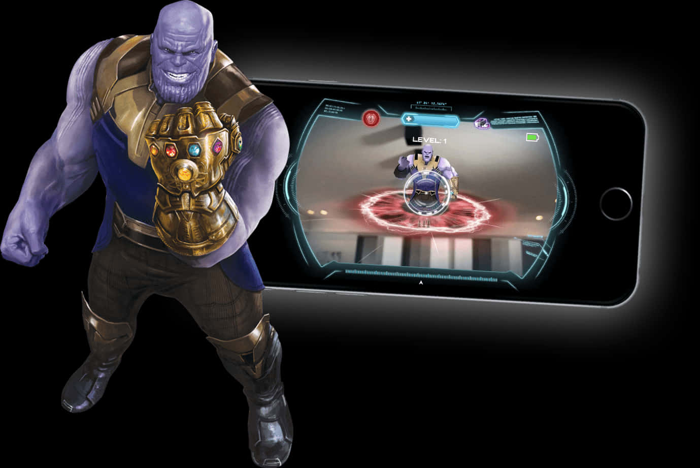 薩諾斯戴無限手套與手機遊戲 壁紙 — Thanos 企喺智能手機旁邊，顯示佢嘅遊戲頭像喺發光嘅競技場。
