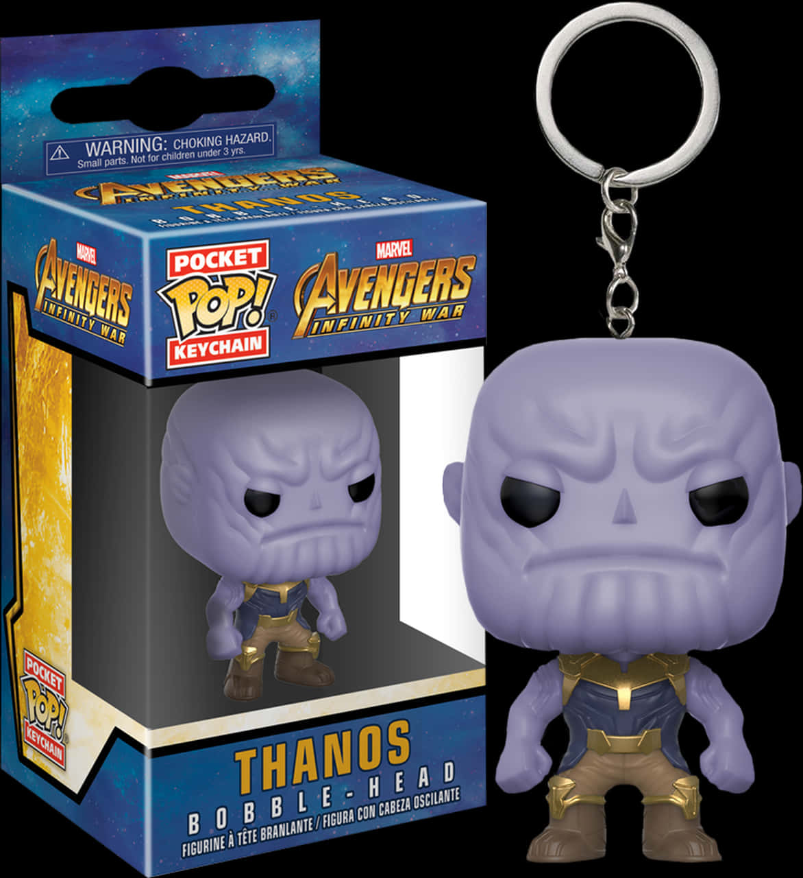 薩諾斯波波頭鑰匙圈玩偶 壁紙 — 一個紫色Thanos Funko Pop鎖匙扣，配有金色盔甲，站在其Avengers Infinity War包裝旁邊，背景為黑色。
