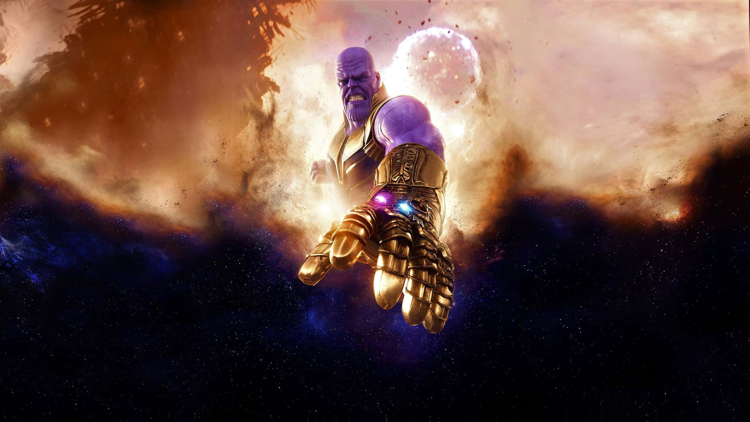 Thanos 桌布 壁紙 — 薩諾斯漂浮在太空中，發光的無限手套伸展開來，背景是星辰和星雲的宇宙景象。