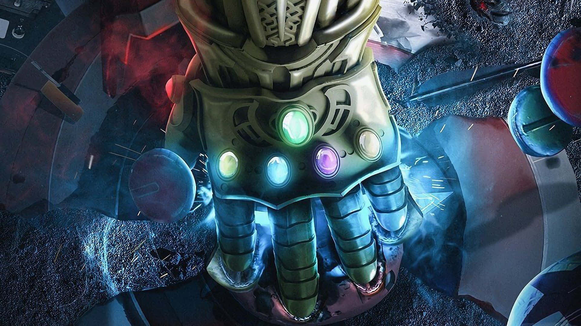 Soul Stone 桌布 壁紙 — 薩諾斯裝甲手緊握發光無限手套的特寫，周圍是破碎的宇宙碎片。