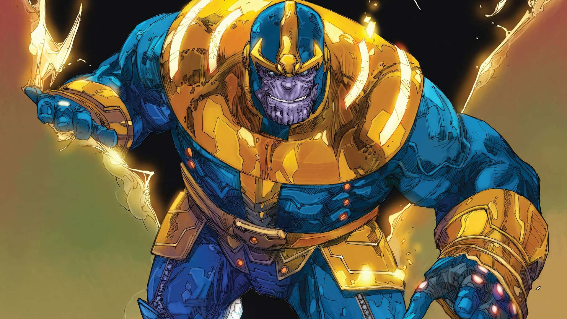 Thanos 桌布 壁紙 — 薩諾斯身穿標誌性的藍金戰甲，在黑暗的宇宙背景下，帶著威脅的笑容揮舞著發光的能量。