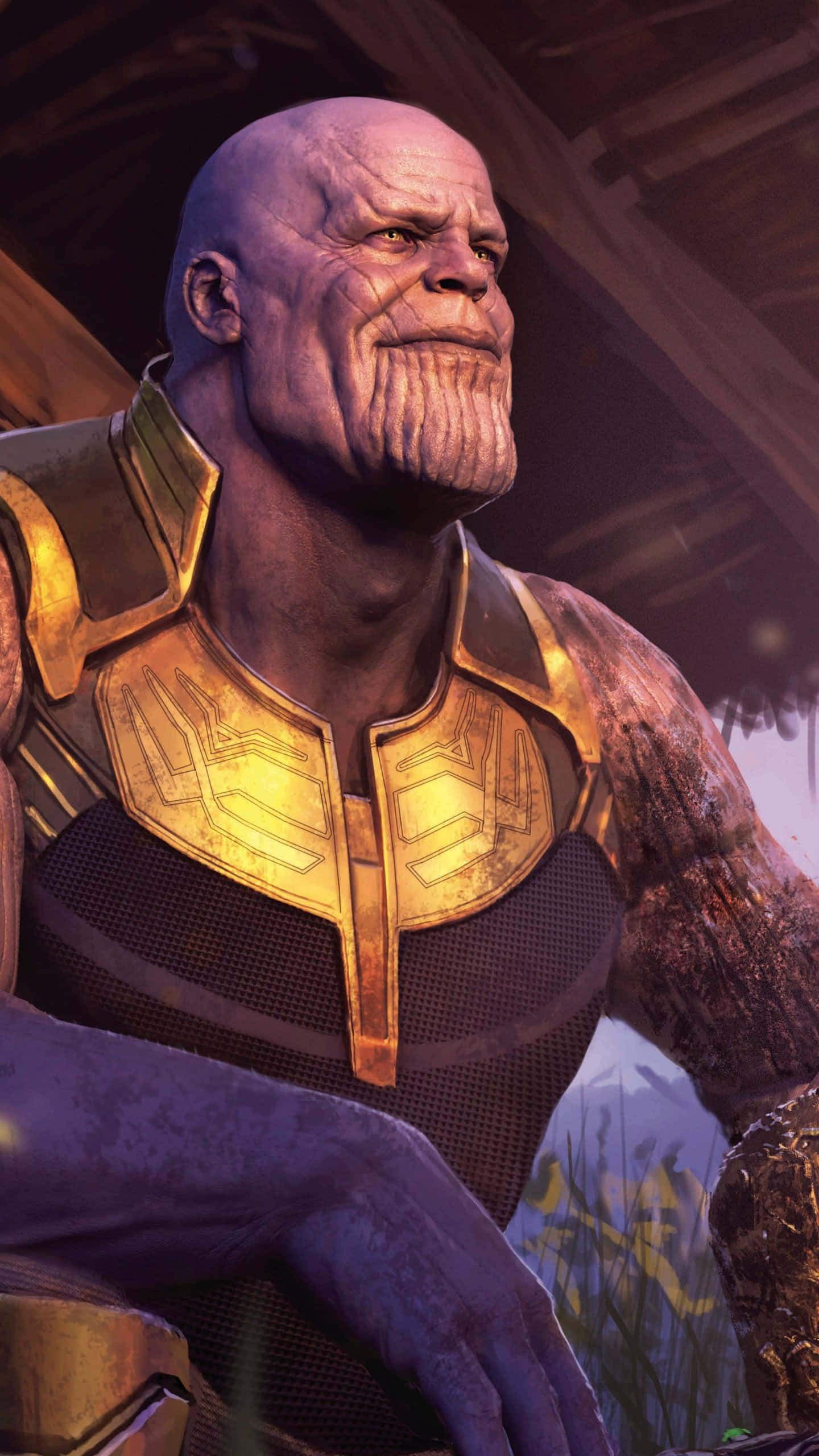 Thanos 桌布 壁紙 — 薩諾斯身穿金色盔甲的近距離特寫，在戲劇性燈光下表情嚴厲。