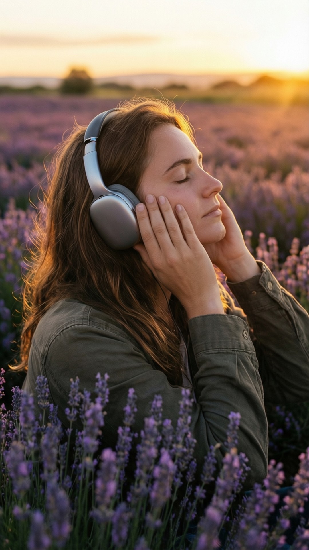 薰衣草日落聆聽者 壁紙 — 一位閉著眼睛、戴著銀色耳機的女性，在陽光照耀的薰衣草田中，於黃金時刻輕輕托著臉頰。