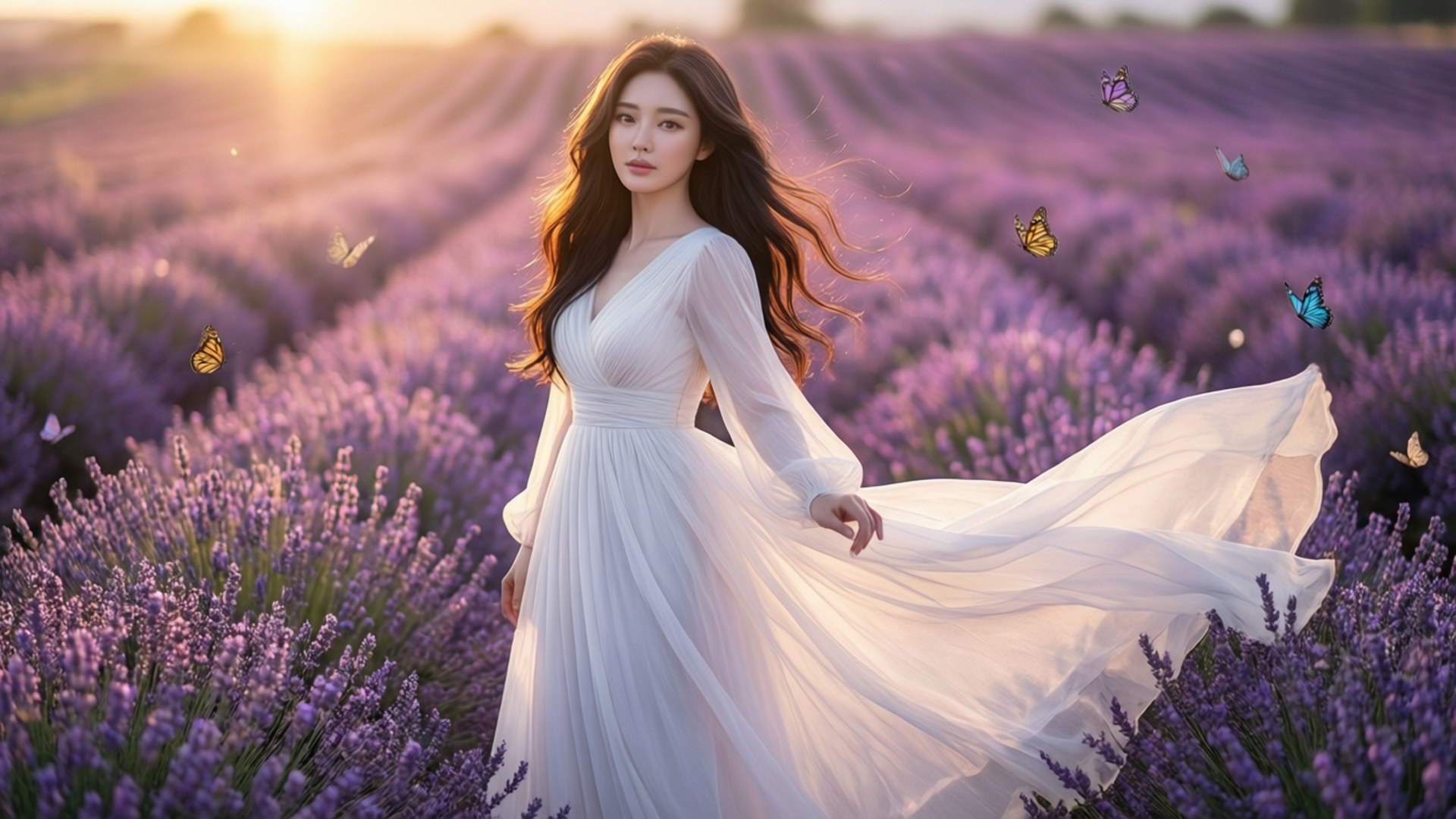 白衣女子站在薰衣草田中，蝴蝶與夕陽