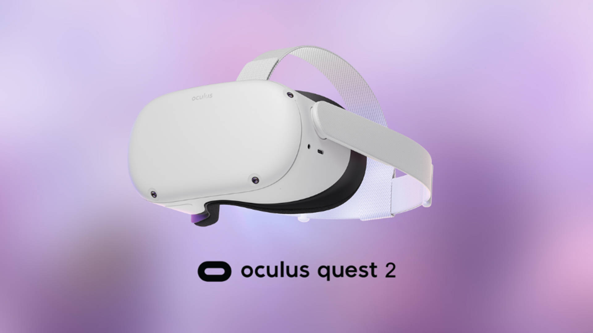 薰衣草背景 Oculus Quest 2 壁紙 — 一個白色Oculus Quest 2 VR頭戴式裝置漂浮在柔和的紫色和粉紅色漸變背景上。