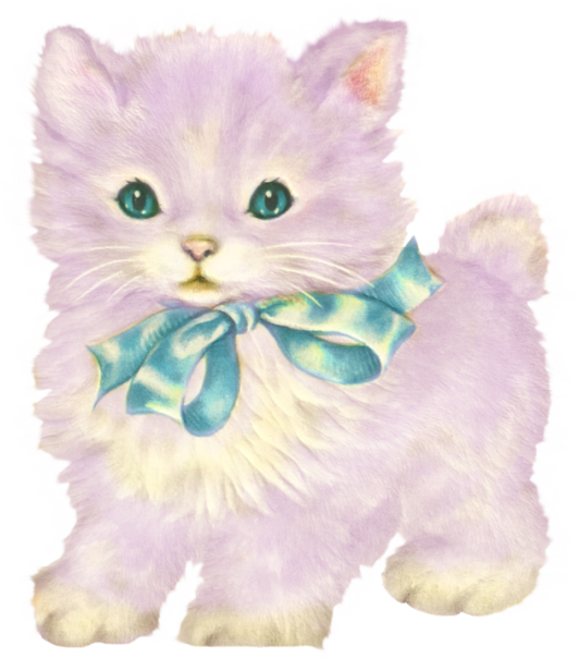薰衣草色小貓藍蝴蝶結 壁紙 — 一隻毛茸茸的薰衣草色小貓，有著明亮的綠色眼睛，戴著一個青綠色的蝴蝶結，背景是純黑色，帶有充滿活力的紫色故障邊緣。