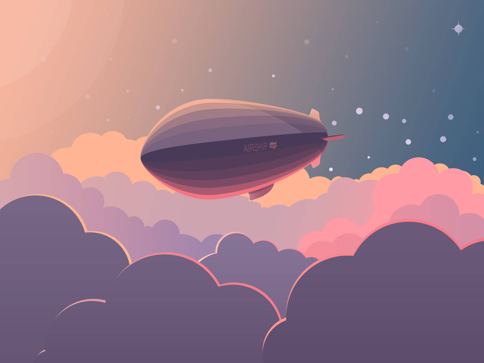飛船在暮色中漂浮在色彩繽紛的雲層之上，星星清晰可見。