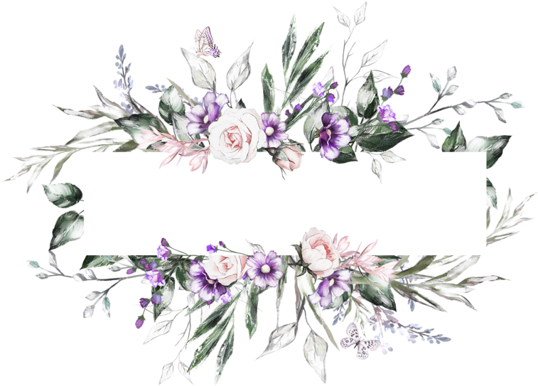 薰衣草花環設計 壁紙 — 優雅的花環，由白玫瑰、紫色花朵和綠葉排列成對稱的裝飾邊框。