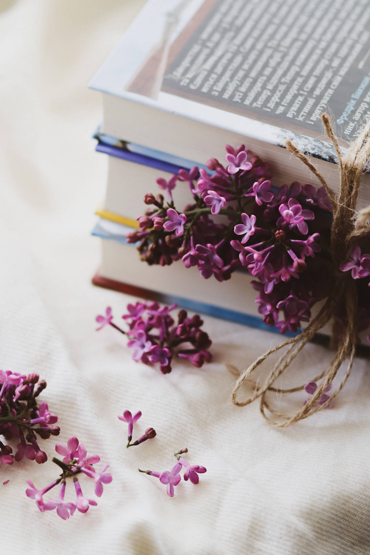 白色布料上的一堆書本、紫色丁香花和麻繩。