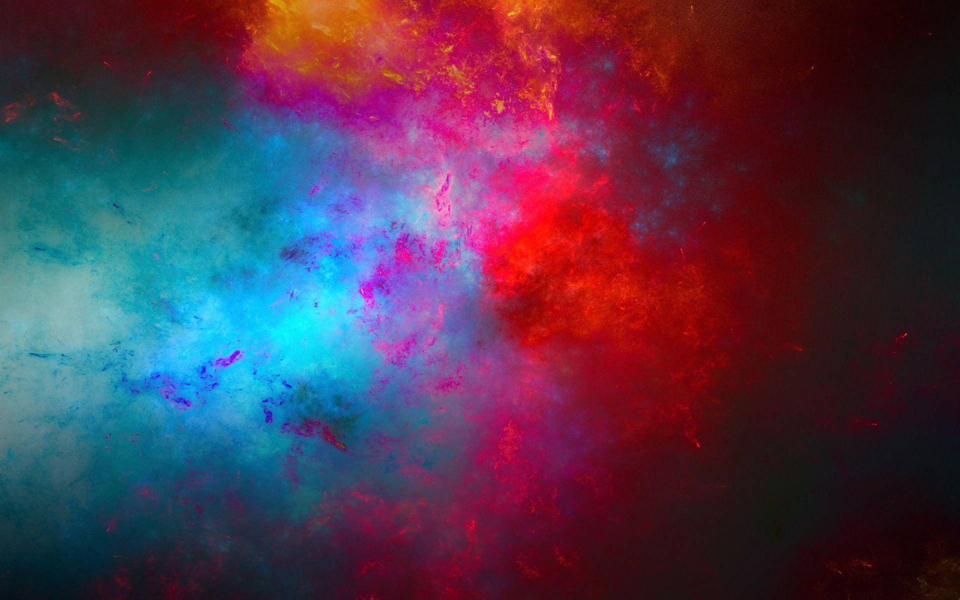 超現實的宇宙星雲，在黑暗虛空中有旋轉的紅色、藍色和紫色雲層。