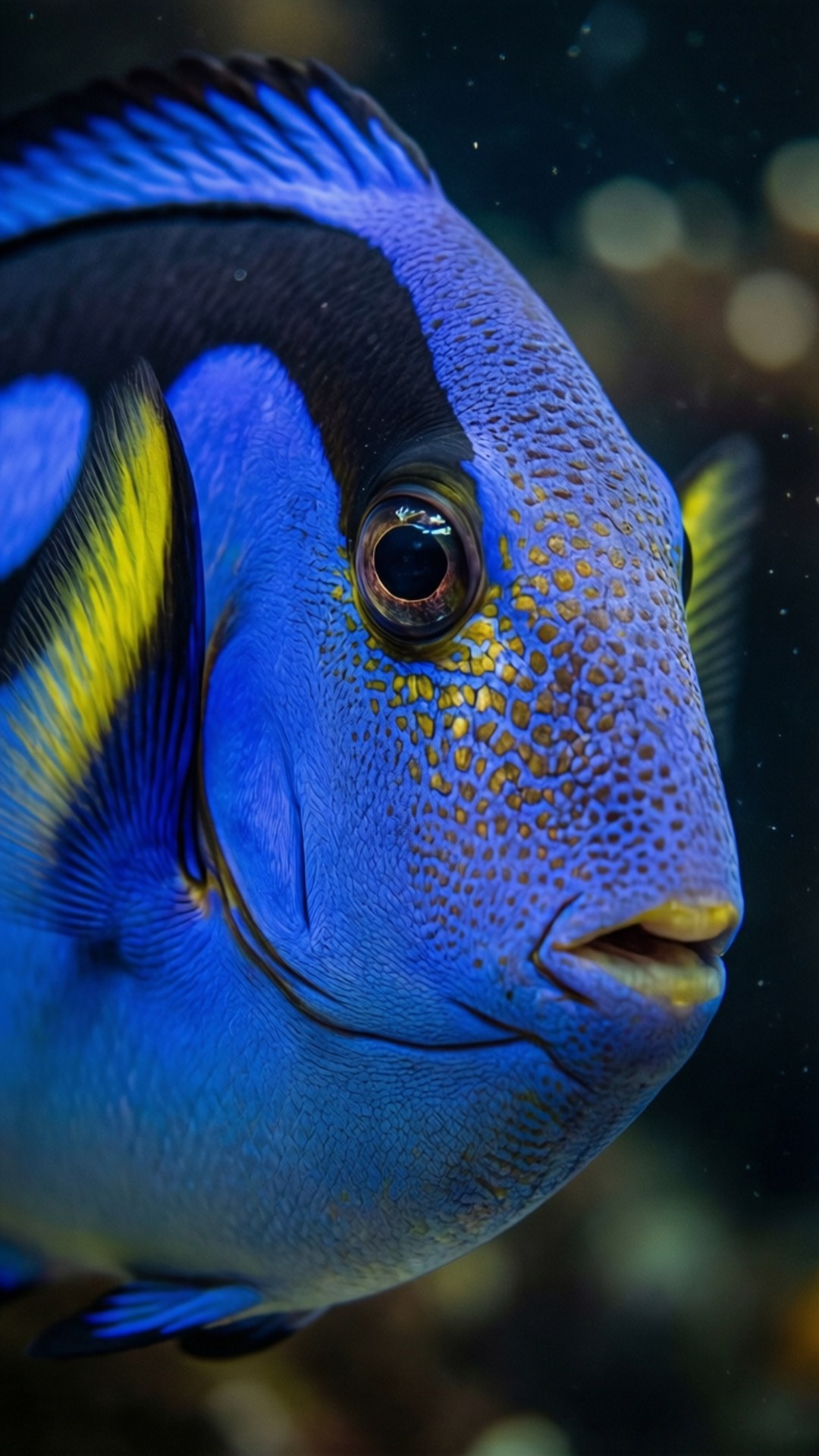 色彩鮮豔嘅藍倒吊魚，黃色鰭喺珊瑚附近水底游緊。