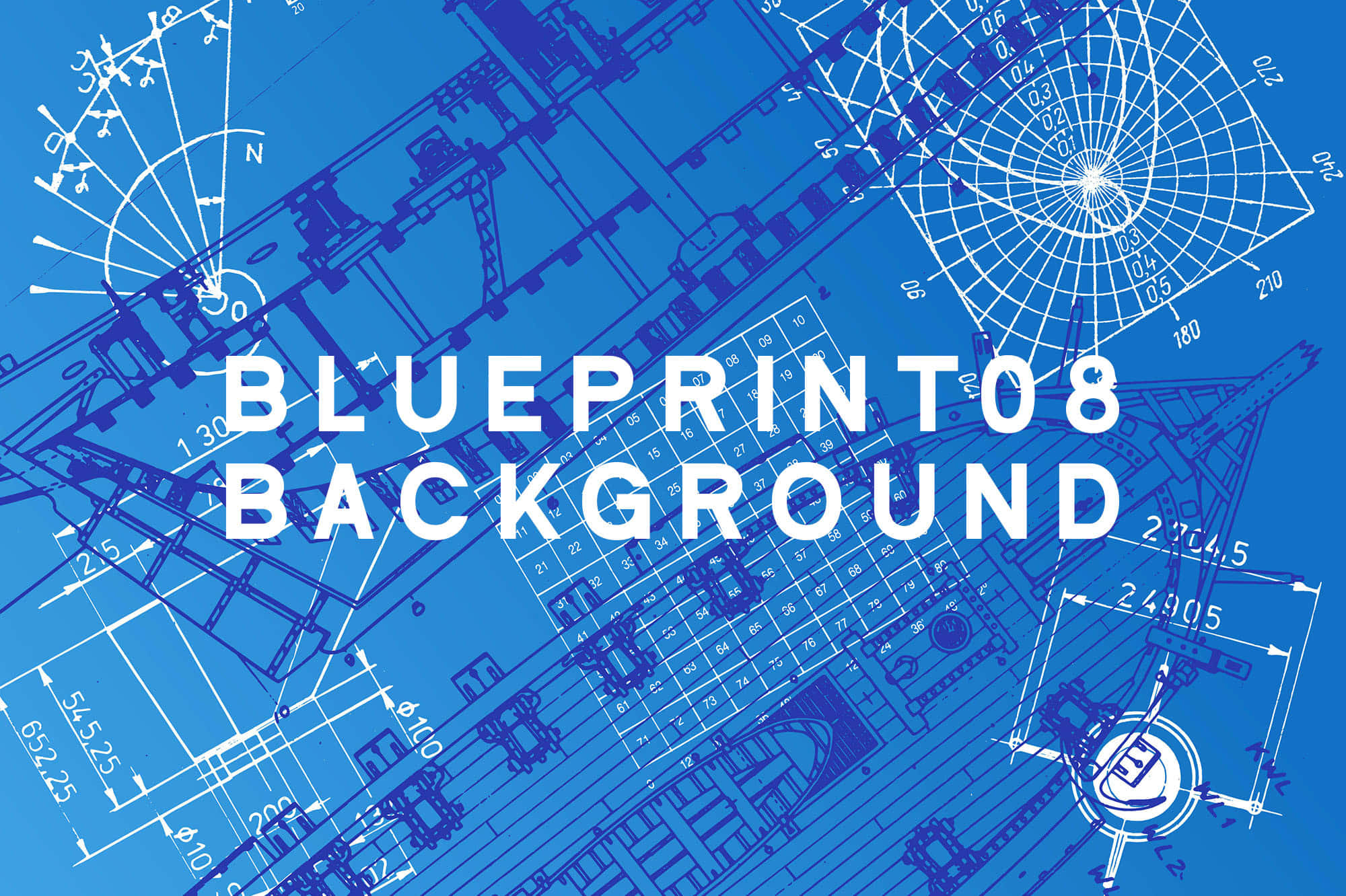 藍圖背景 Blueprint08 背景 壁紙 — 詳細的藍色工程藍圖，帶有白色技術線條和測量值，並疊加粗體白色文字「BLUEPRINT08 背景」。