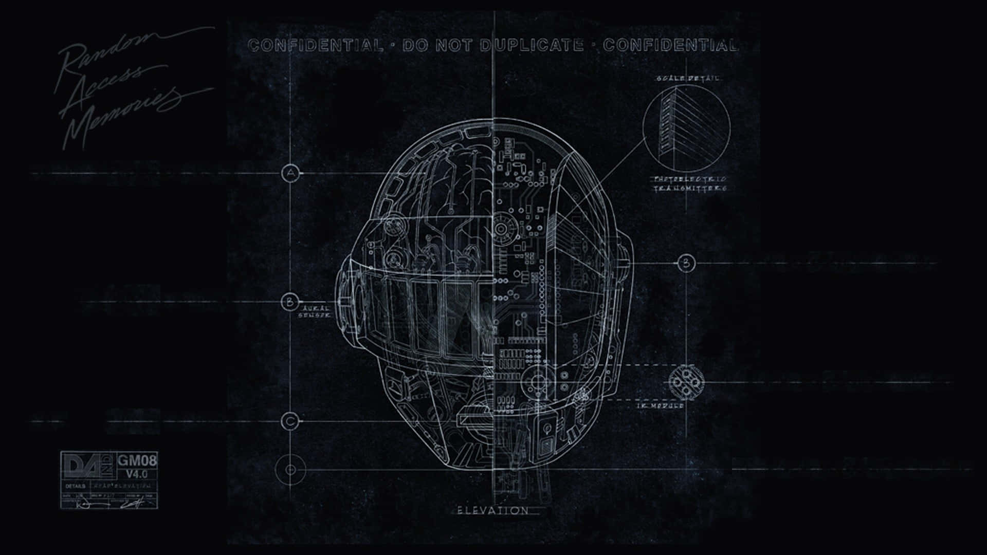 藍圖背景 Daft Punk 頭盔設計 壁紙 — 未來感頭盔的藍圖，以發光的白色線條在深色紋理背景上呈現，並附有技術註解。