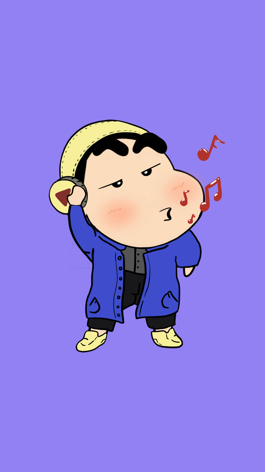 戴著耳機唱歌的卡通男孩，音符在他周圍漂浮。