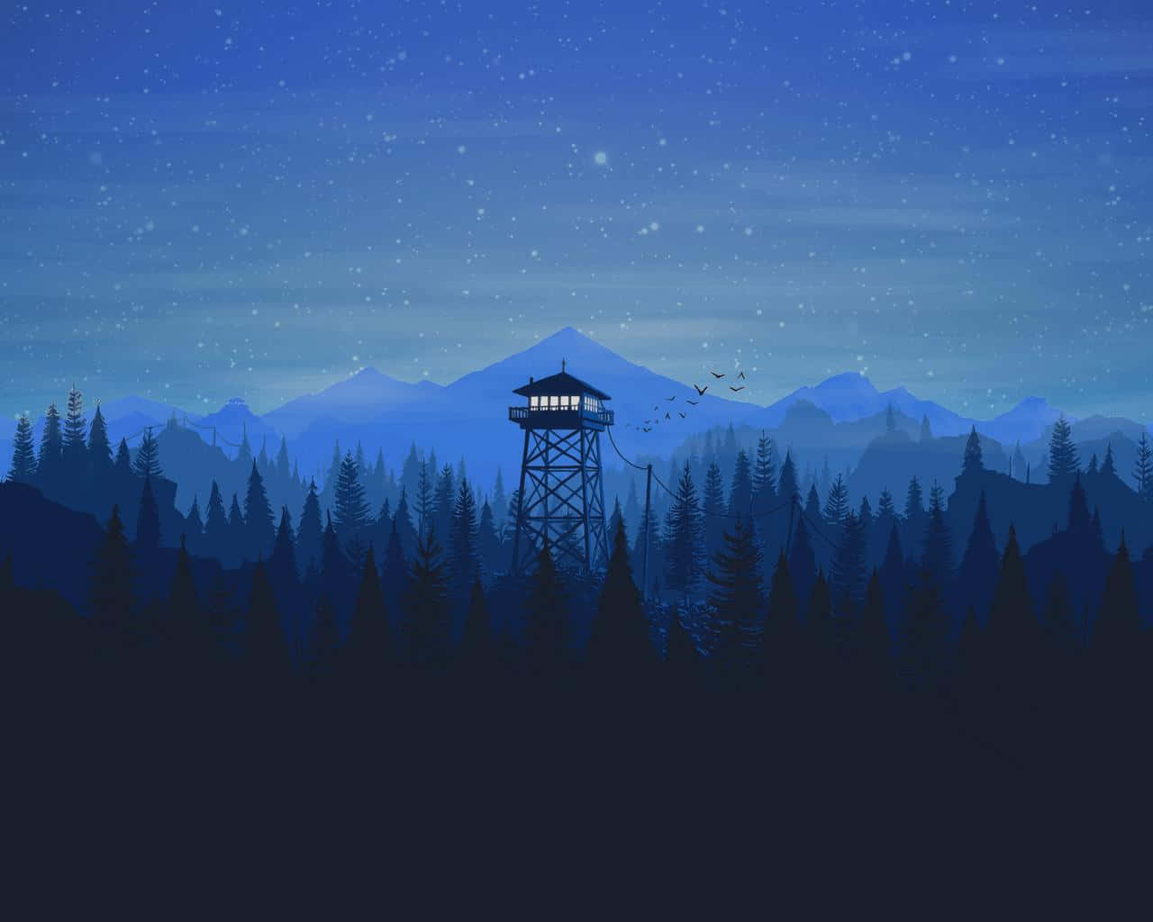 松林中的防火瞭望塔，在繁星點點的夜空下，遠山在望。