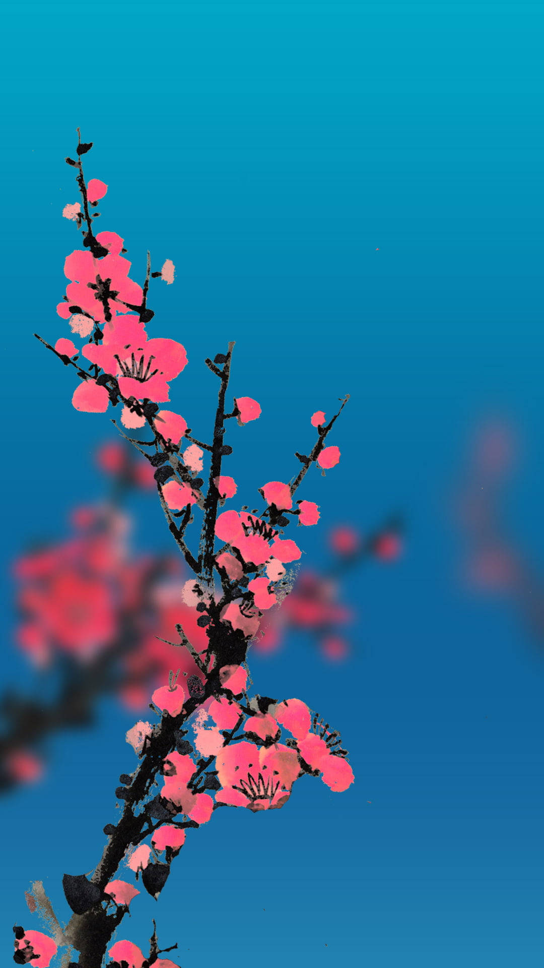 深色樹枝上的粉紅色櫻花，藍色天空，模糊背景。