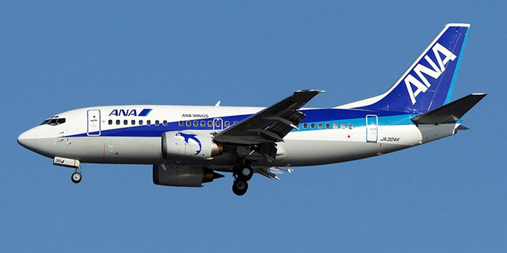 藍天中的全日空客機 壁紙 — 一架白色和藍色的ANA Wings波音737飛機，起落架放下，在晴朗的藍天中飛行。