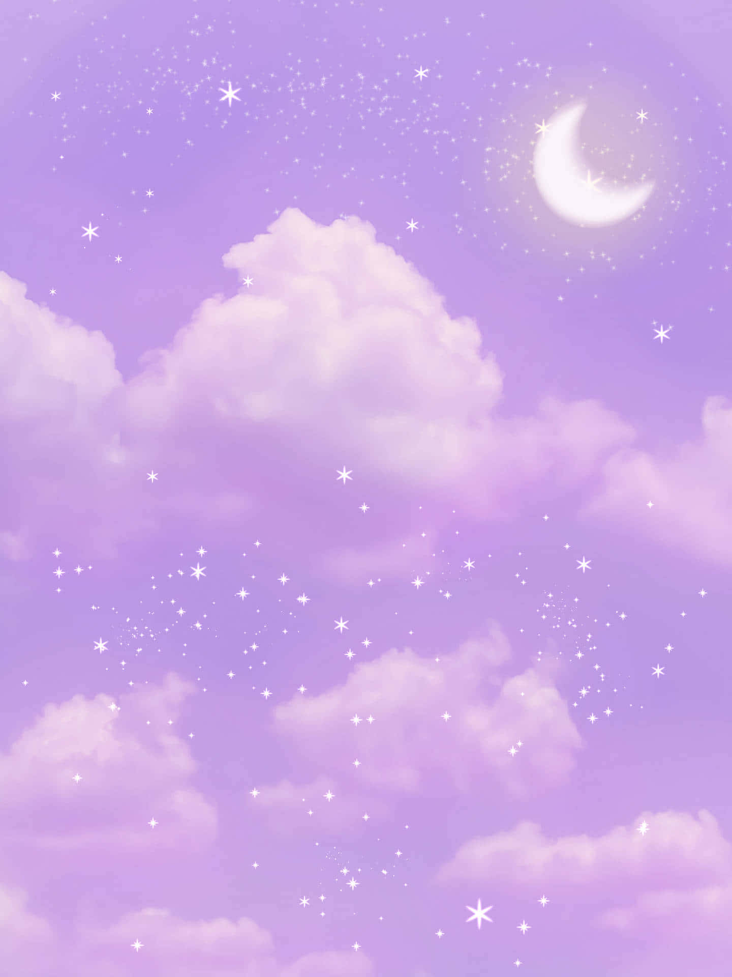 藍天白雲映襯粉橙色夕陽 壁紙 — 夢幻嘅薰衣草色天空，充滿蓬鬆嘅雲、閃爍嘅星星同發光嘅新月。
