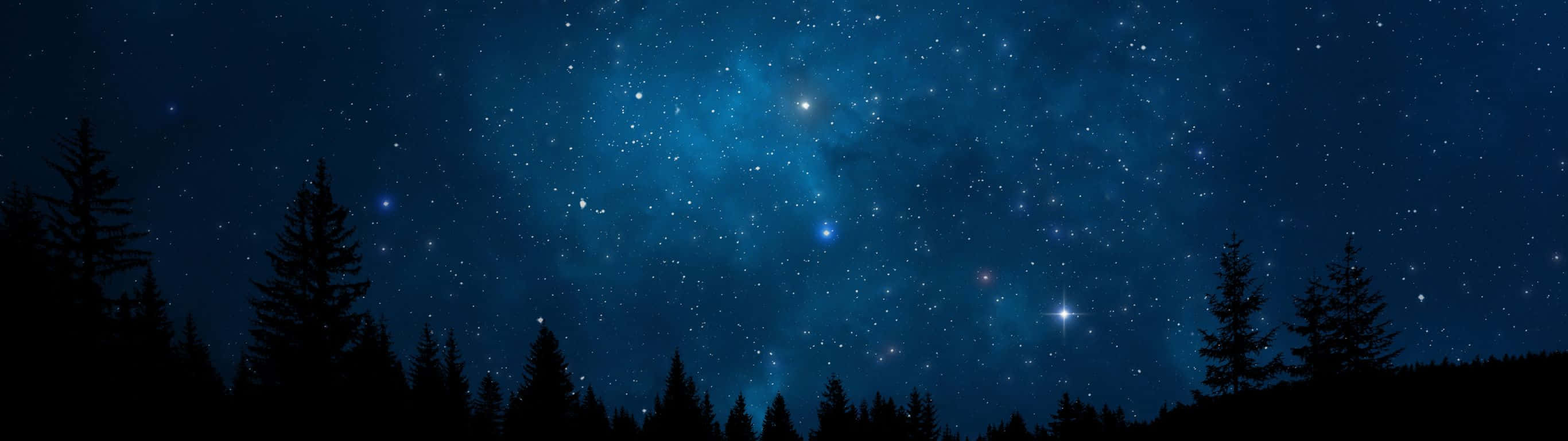 深色松樹剪影映襯著充滿活力的星空，帶有發光的藍色星雲。