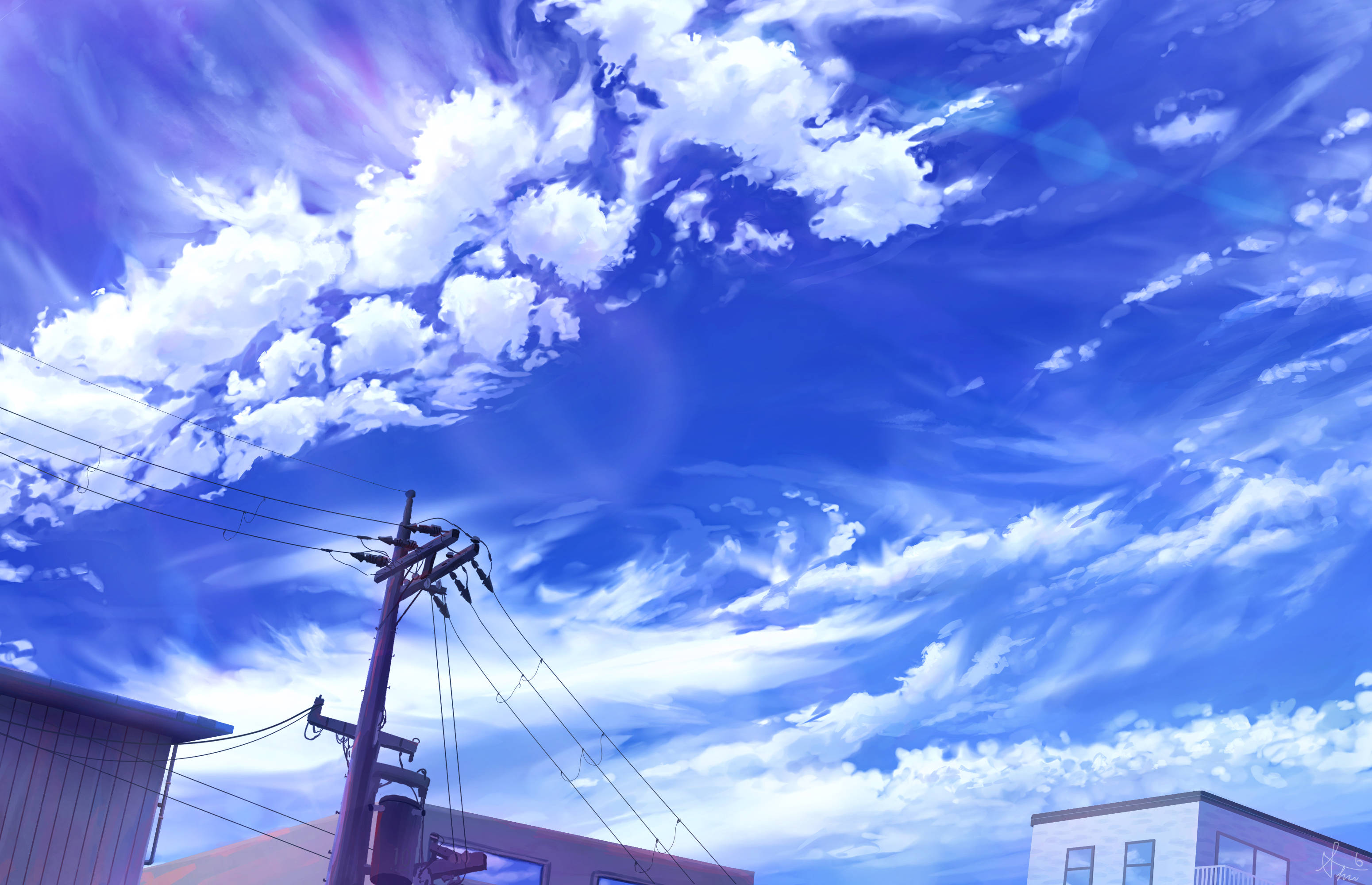 藍天與飄逸雲朵的藝術畫面 壁紙 — 充滿活力的動畫天空，帶有旋轉的藍色雲朵和紫色色調，位於城市屋頂和電線桿之上。