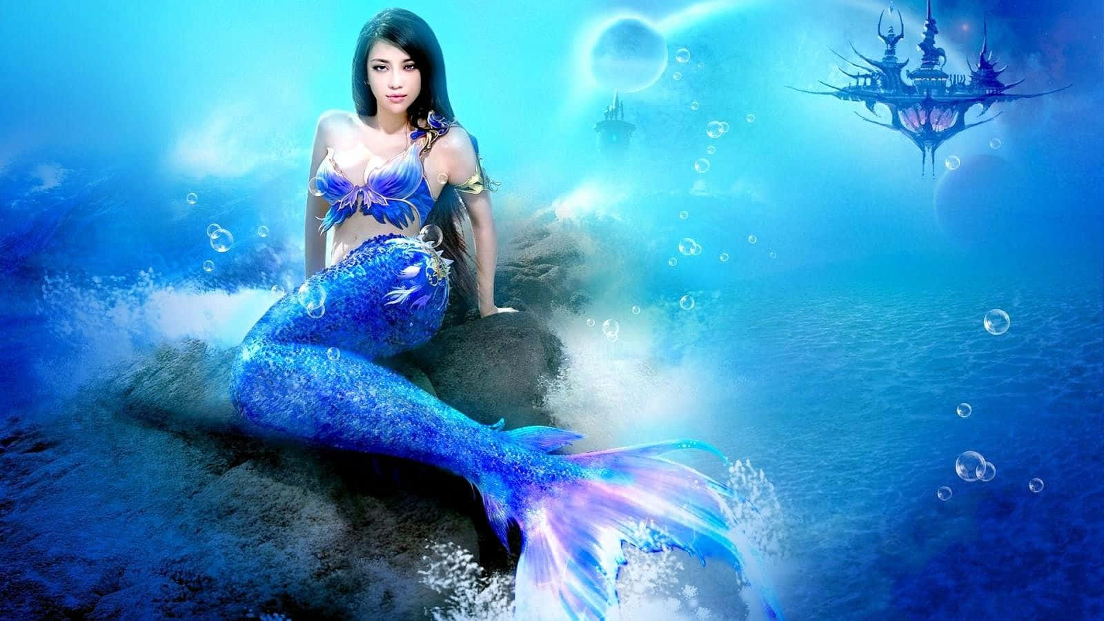 一條擁有發光藍色尾巴的美人魚，坐在氣泡和遠處城堡附近的水下岩石上。 — 美人魚 GIF 壁紙
