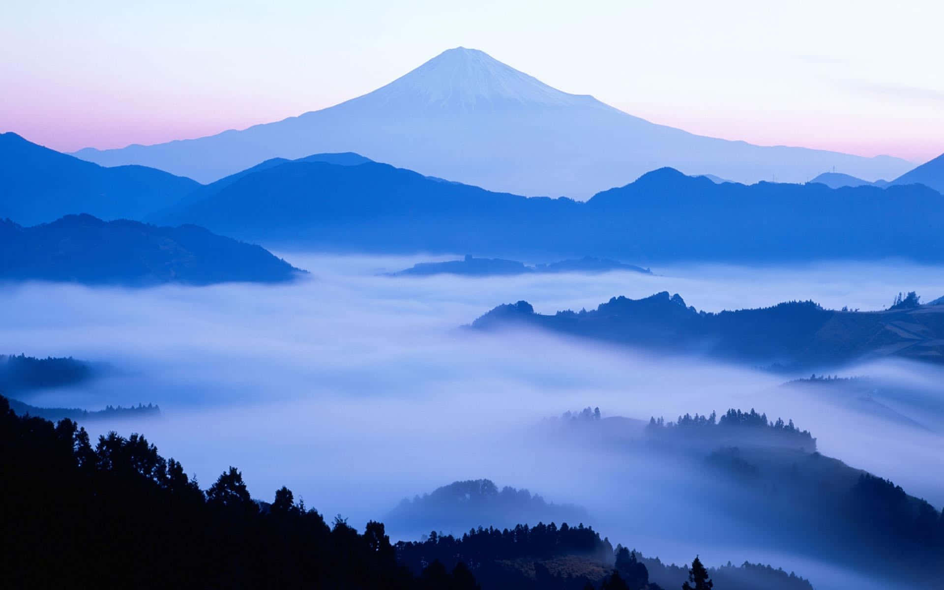 黎明時分，雪山在霧氣山谷之上聳立，天空呈現粉紅和藍色。