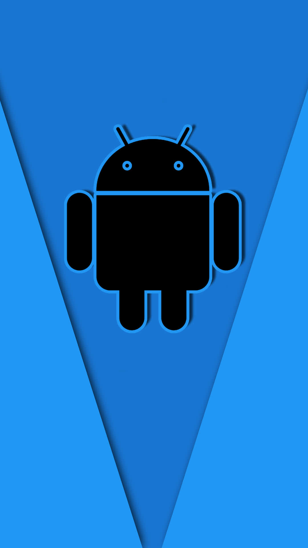 黑色Android機械人圖示，帶藍色輪廓，置於帶幾何形狀的藍色漸變背景上。