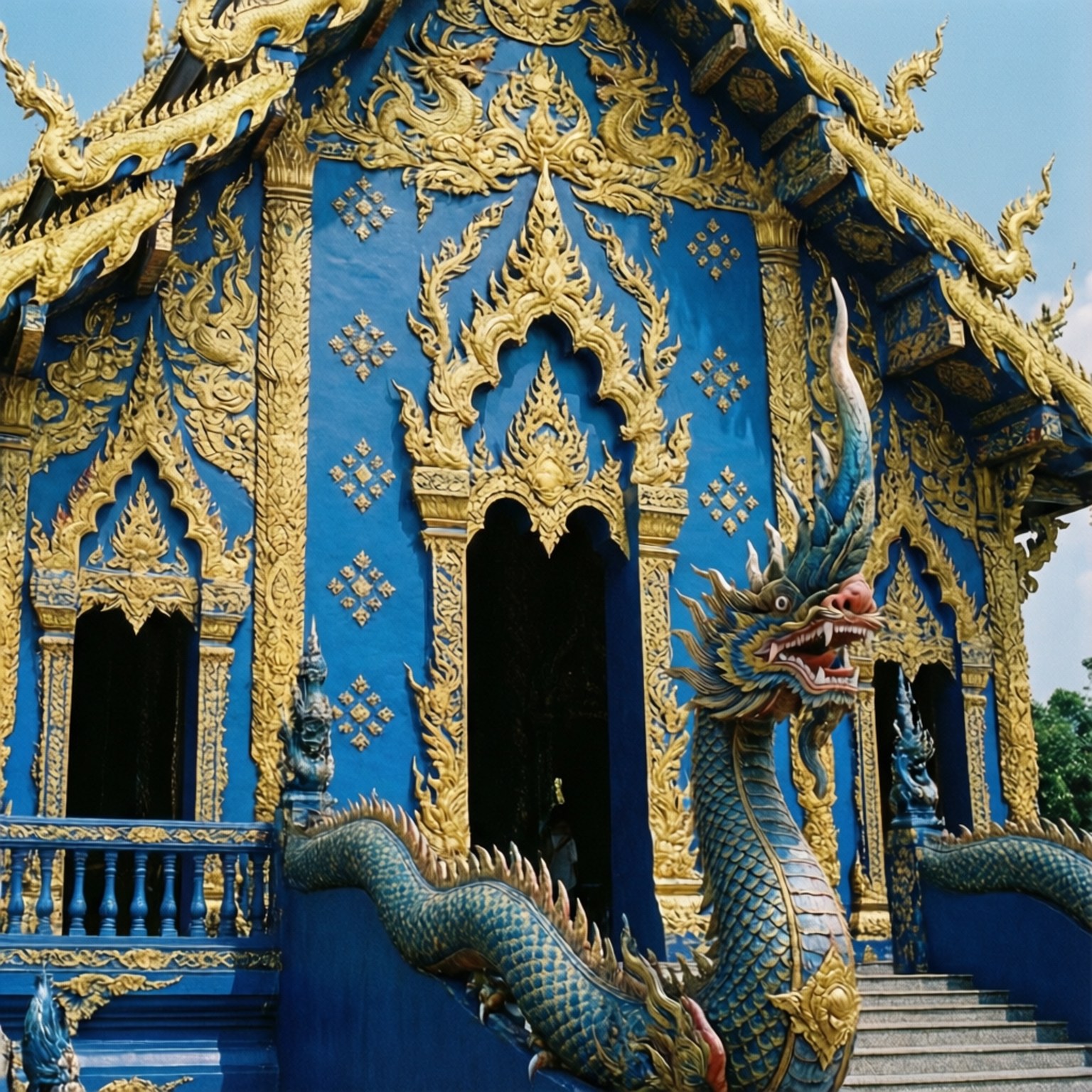 藍色寺廟，金龍，精細雕刻，晴朗天空