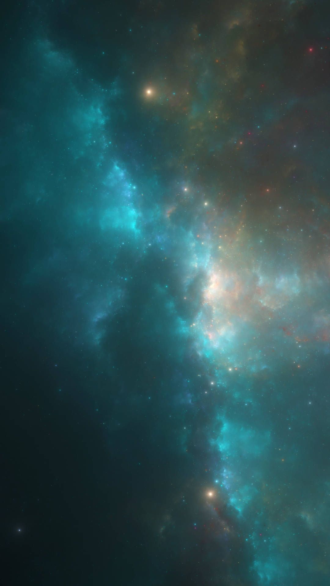 廣闊的青綠色和金色星雲，在深空中閃爍著發光的星星。