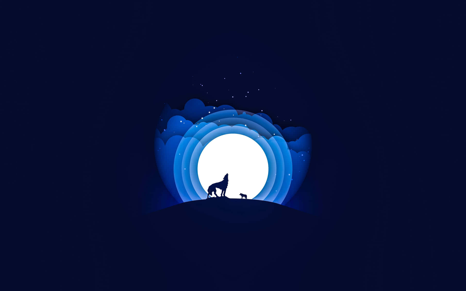 藍月與狼的向量藝術背景 壁紙 — 一匹狼和幼崽的剪影在層疊藍雲環繞的發光月亮下，於山丘頂上嚎叫。