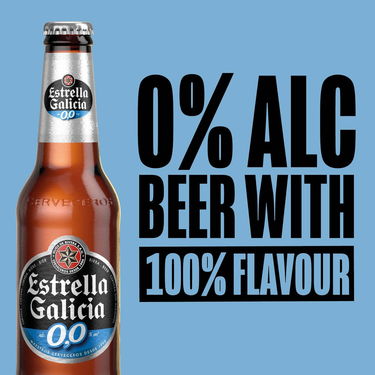 Estrella Galicia 0.0無酒精啤酒瓶，粗體文字宣傳零酒精和全風味。