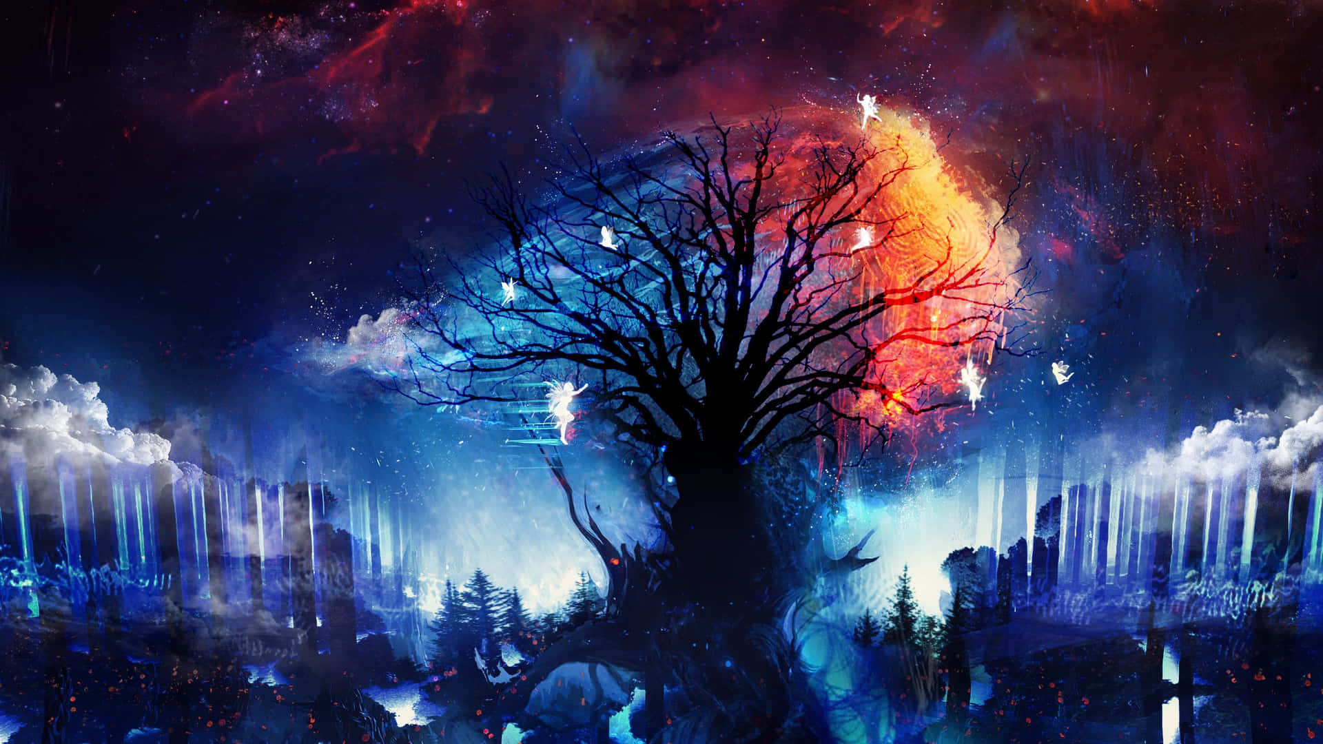 在充滿活力的宇宙天空下，一棵暗色的樹周圍有發光的仙女。