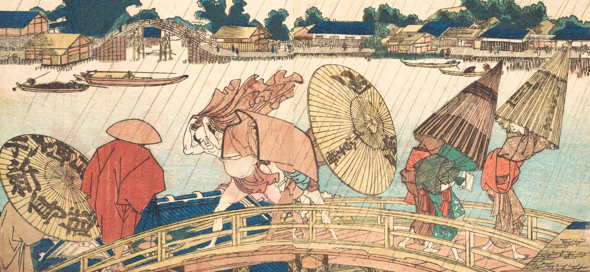 在一個下雨的日本村莊場景中，人們撐著紙傘走過一座木橋。