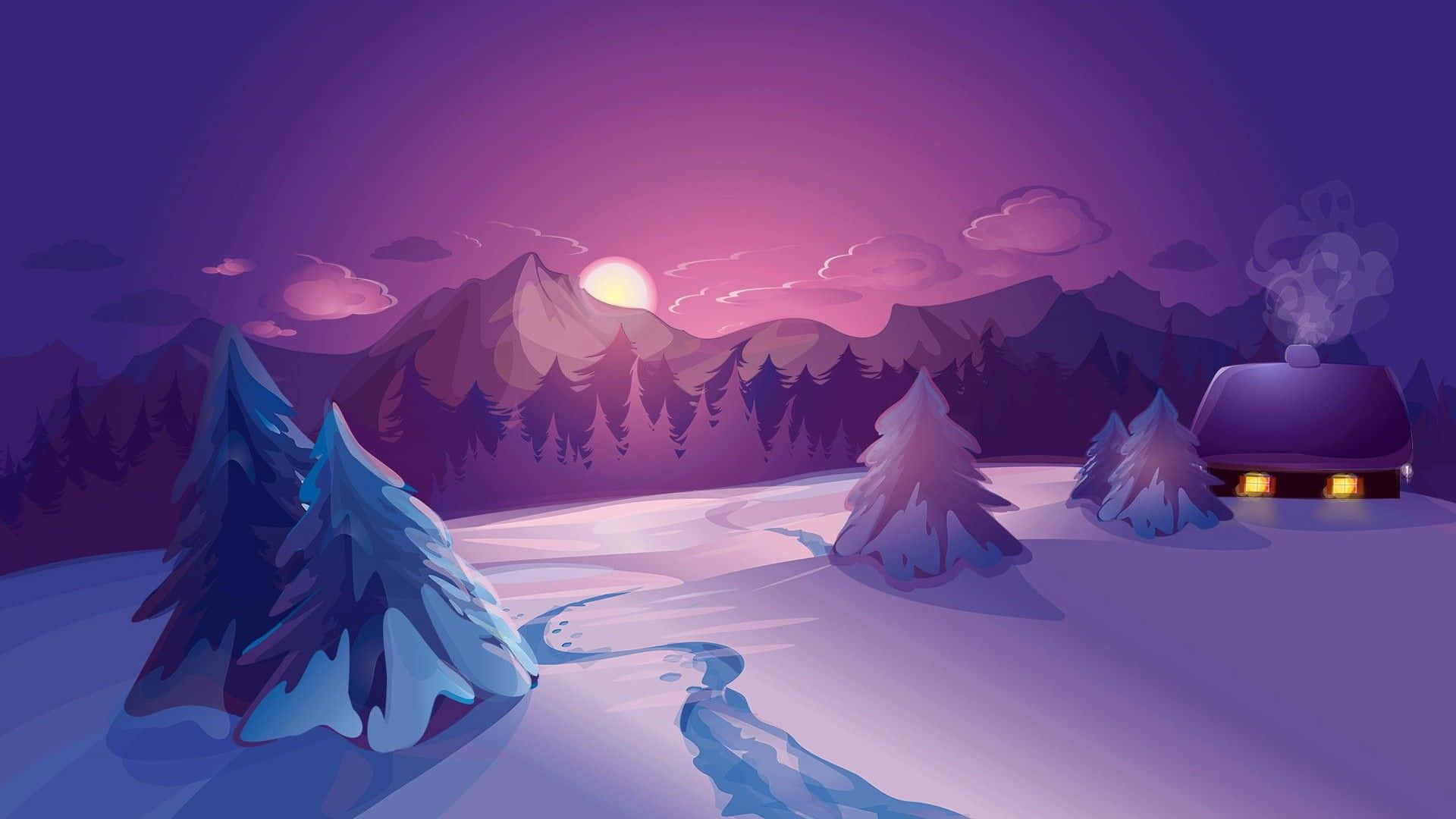 藍河冬季可愛背景 壁紙 — 一間舒適的小屋坐落在雪山之中，紫色夕陽下，窗戶發光，屋頂升起蒸氣。