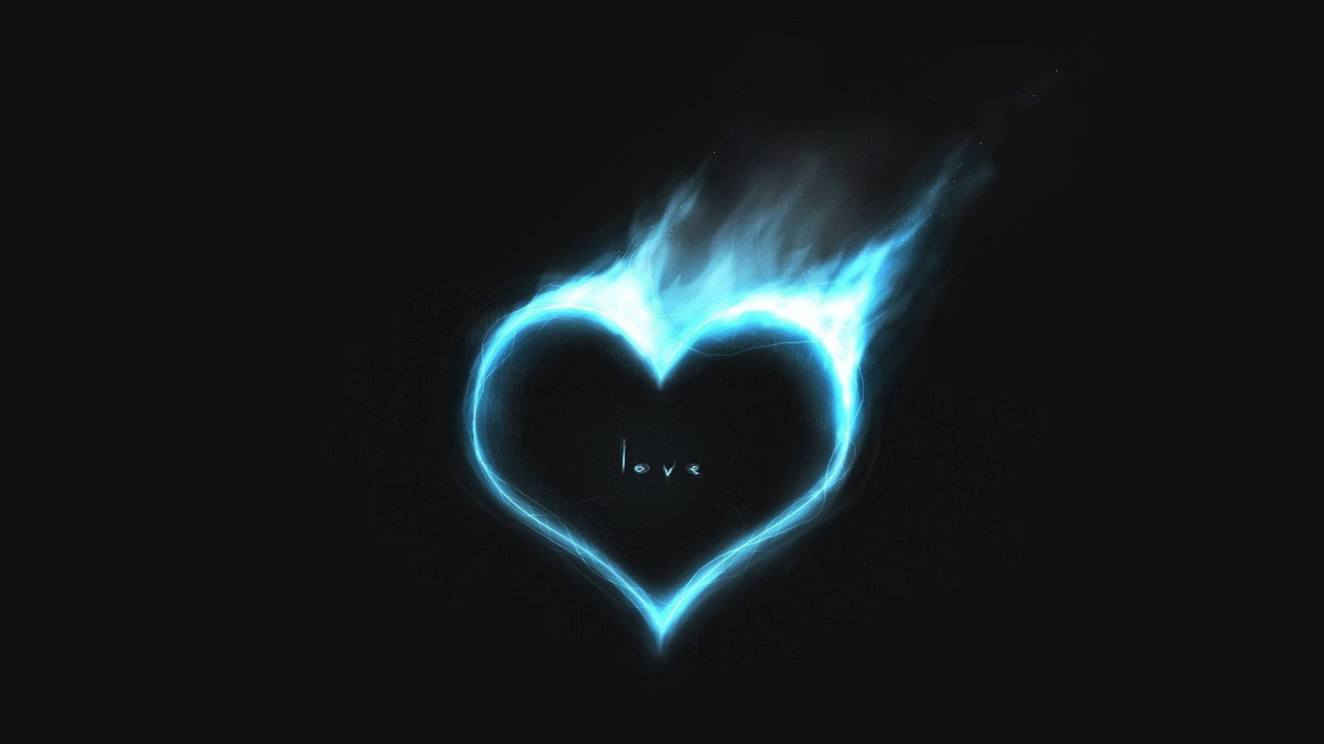一個發光的藍色心形火焰，裡面有 love 字樣。