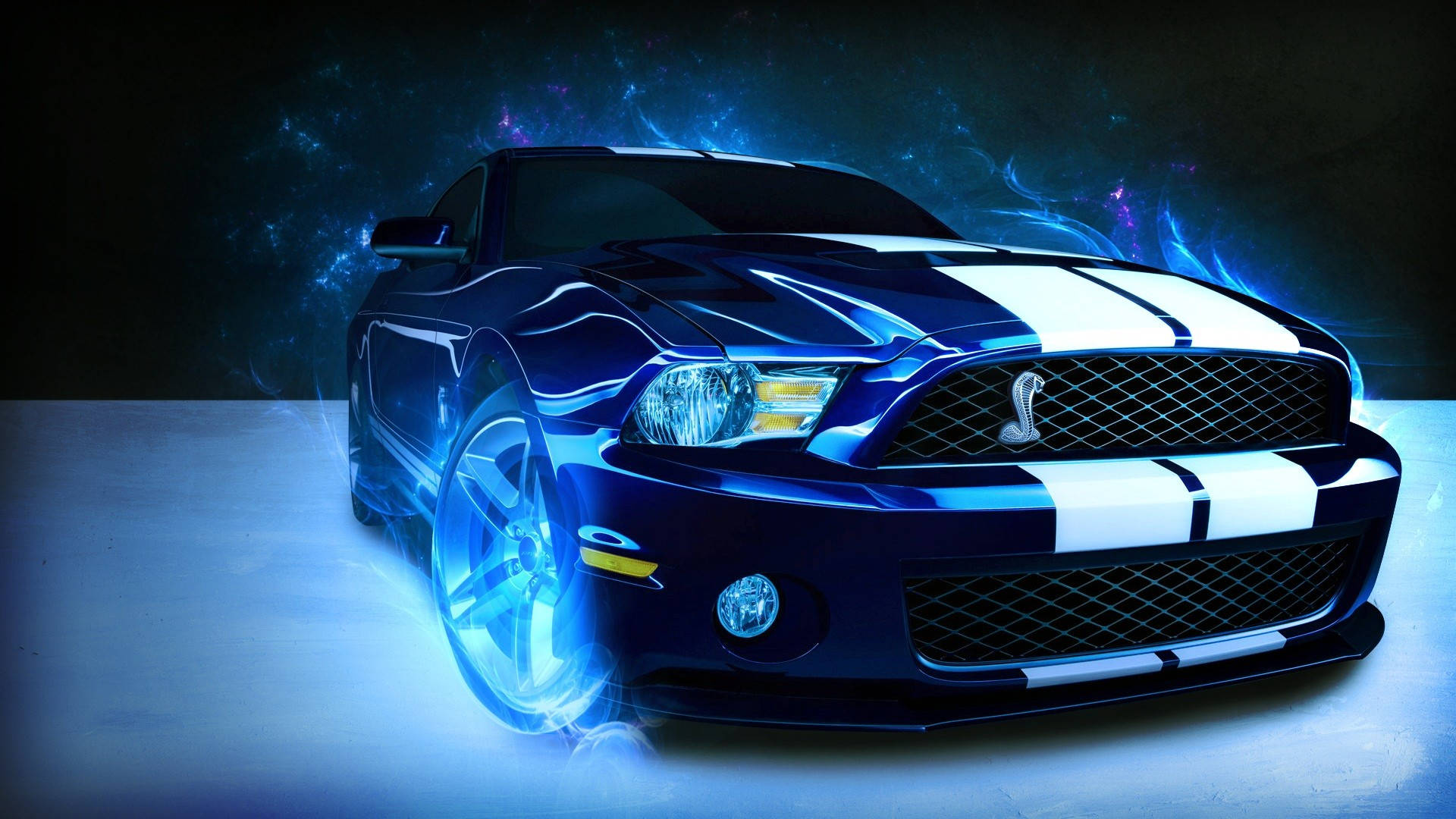 藍色Shelby Mustang帶有白色條紋，被發光的藍色能量效果包圍。