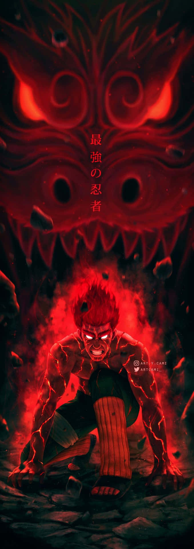 紅髮且眼睛發光的動漫忍者蹲在紅色惡魔面孔下。