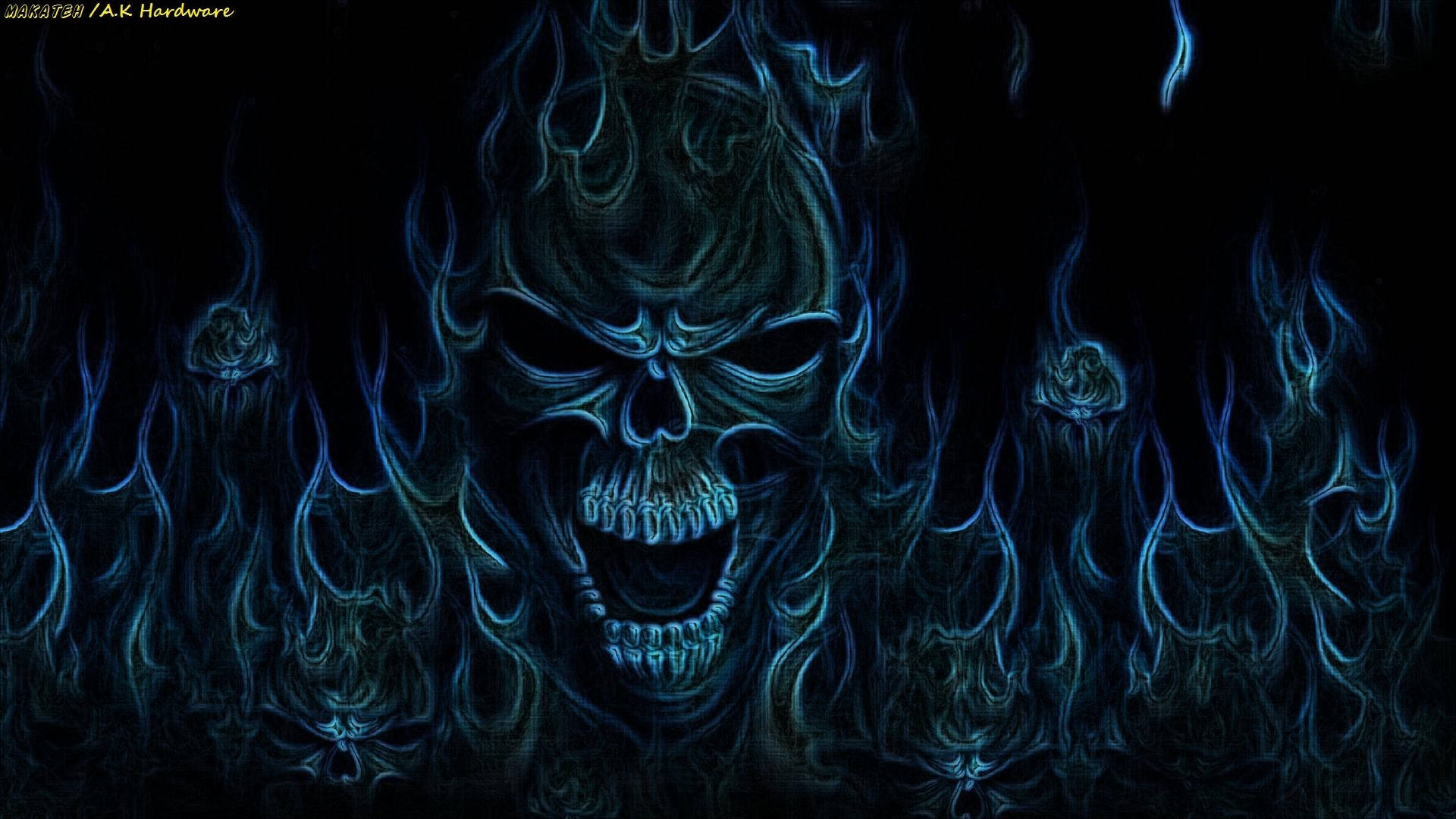 藍焰高清骷髏 壁紙 — 一個帶有發光藍色火焰的威脅性頭骨從黑暗中噴發出來，形成一幅令人毛骨悚然的數位藝術作品。