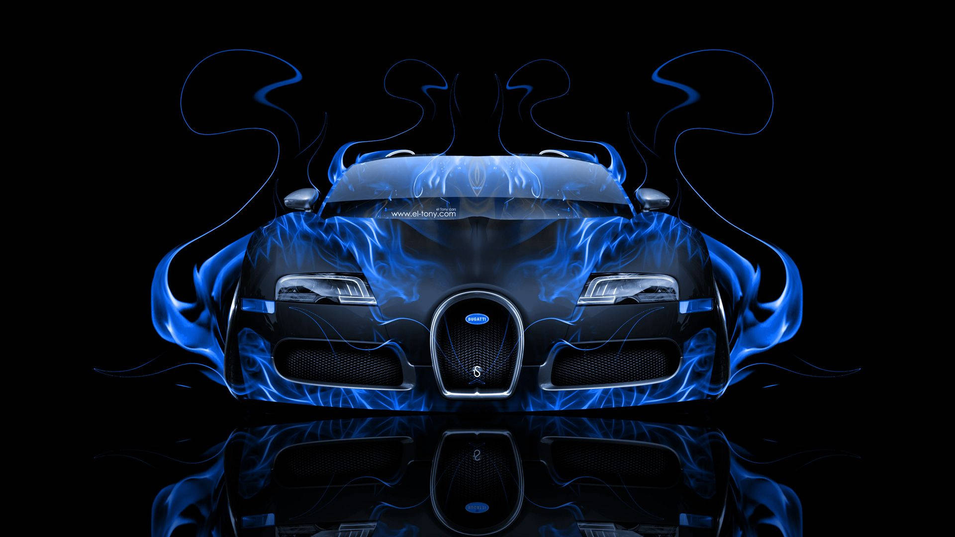 黑色Bugatti超級跑車在反射黑色表面上帶有藍色火焰效果。