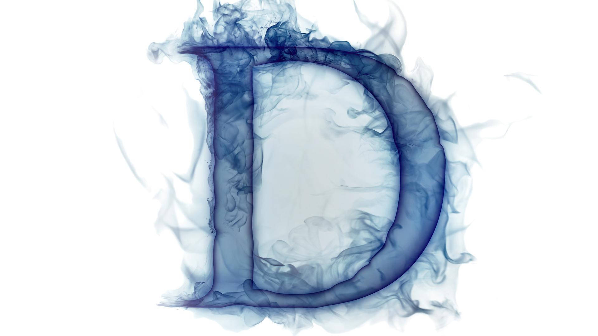 藍煙字母D 壁紙 — 在純白背景上，一個大膽的藍色字母D，形狀像旋轉的煙霧。