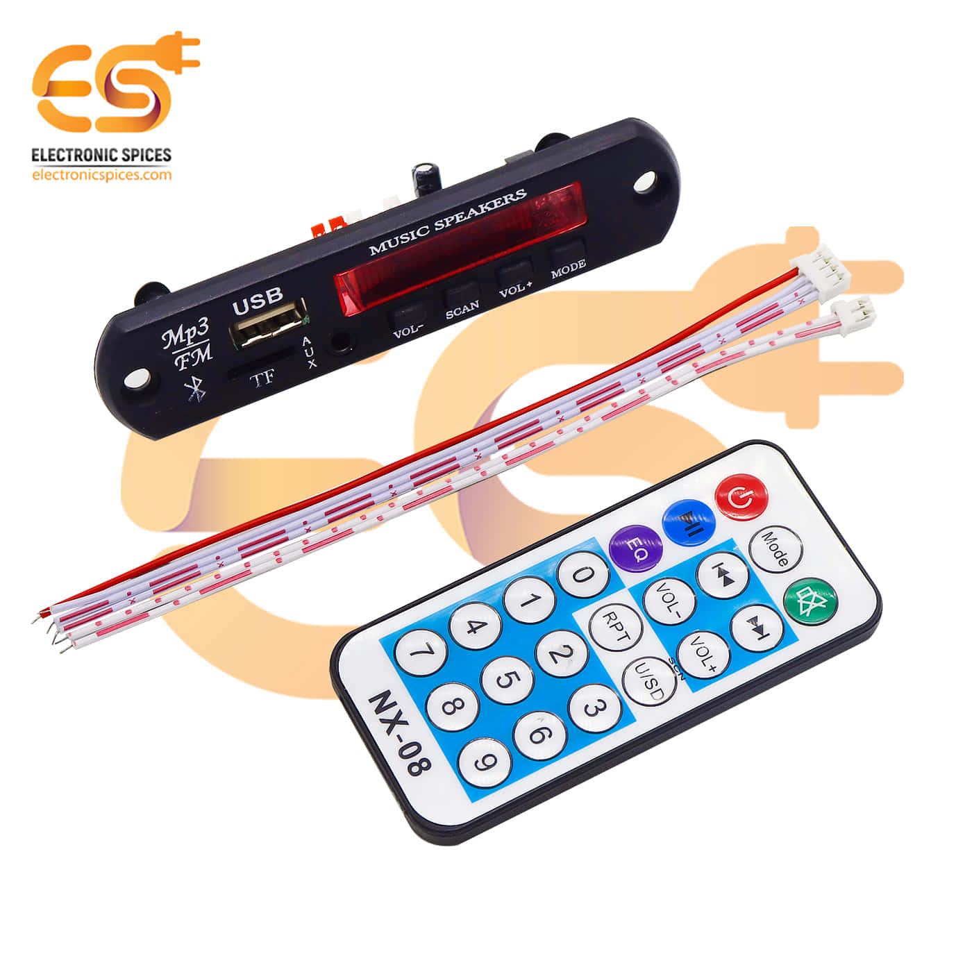 藍牙MP3圖片 壁紙 — 黑色緊湊型音樂喇叭，帶有USB TF插槽和紅色顯示屏，配備遙控器和LED燈帶，背景為白色。
