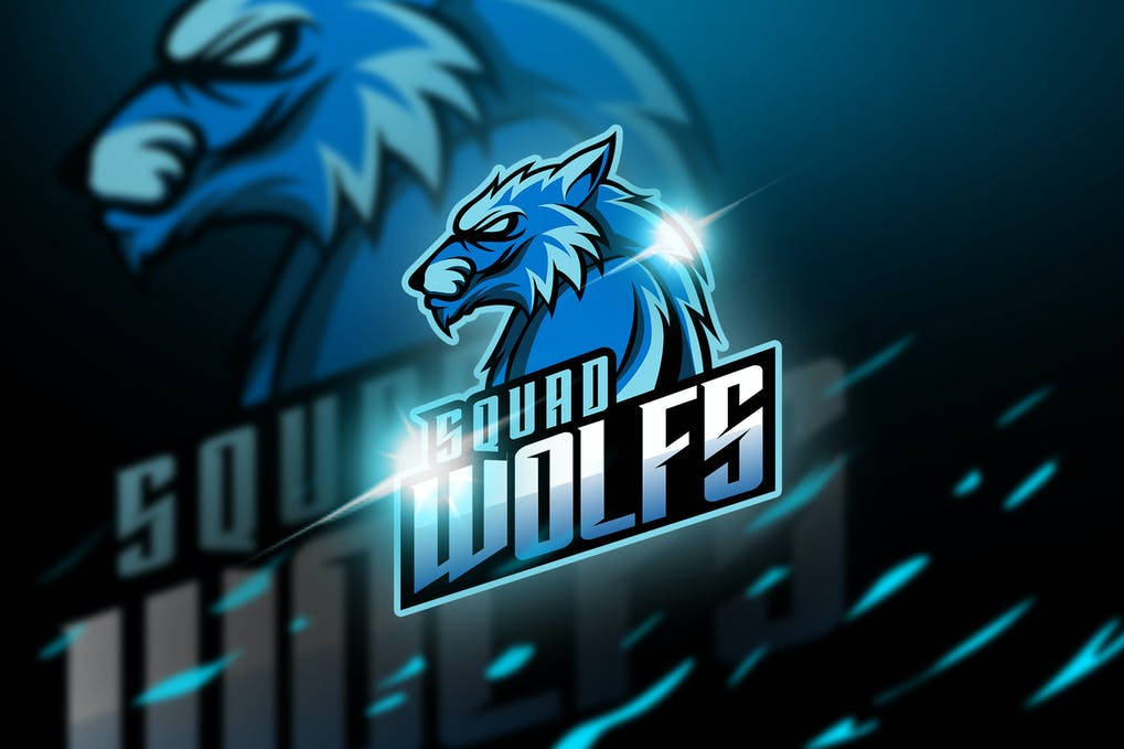 發光藍色狼標誌，帶有文字Squad Wolves，深色背景帶有線條。