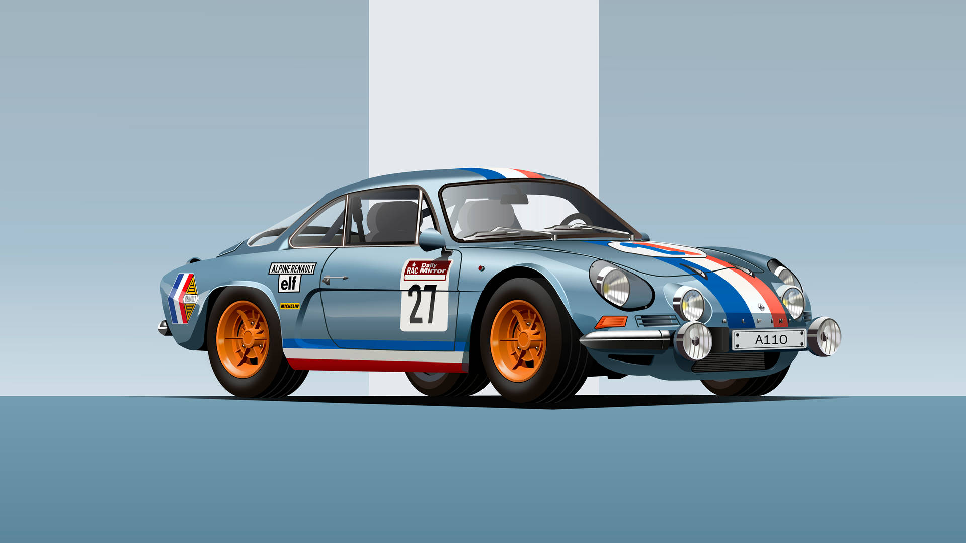 復古藍色Alpine A110拉力賽車，配備橙色輪圈和賽車條紋。