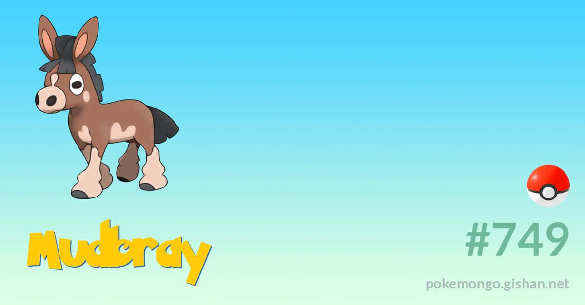 Mudbray 寶可夢角色，帶有精靈球和編號749，在漸變背景上。