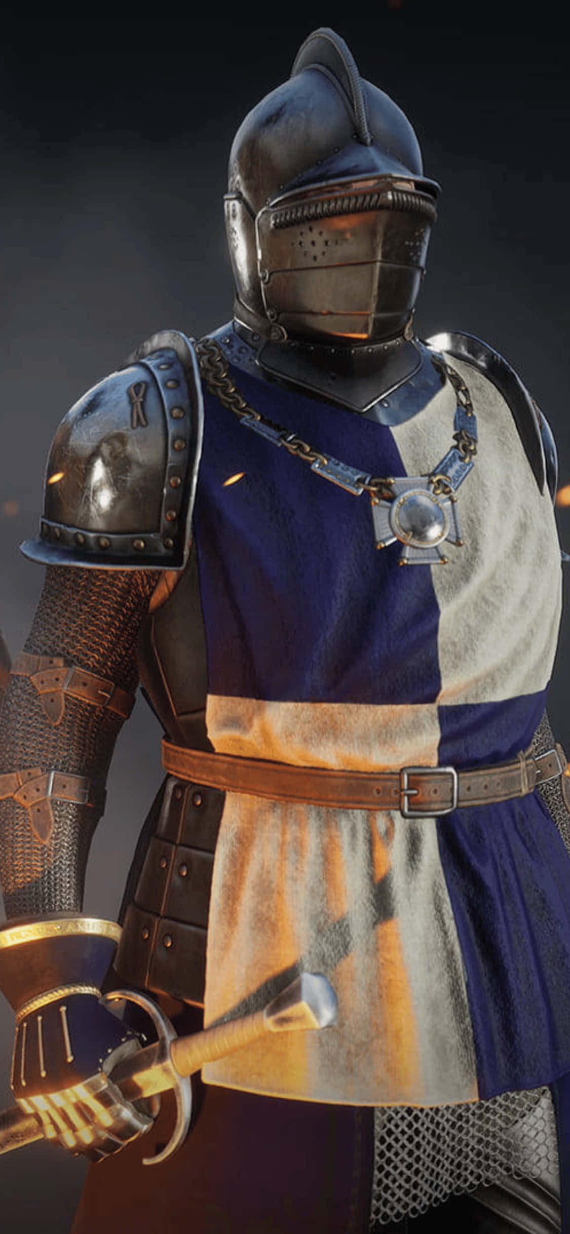 藍白甲冑 iPhone XS Mordhau 背景 壁紙 — 一位身穿精細板甲和鎖子甲的騎士，在黑暗煙霧背景下手持一把劍。