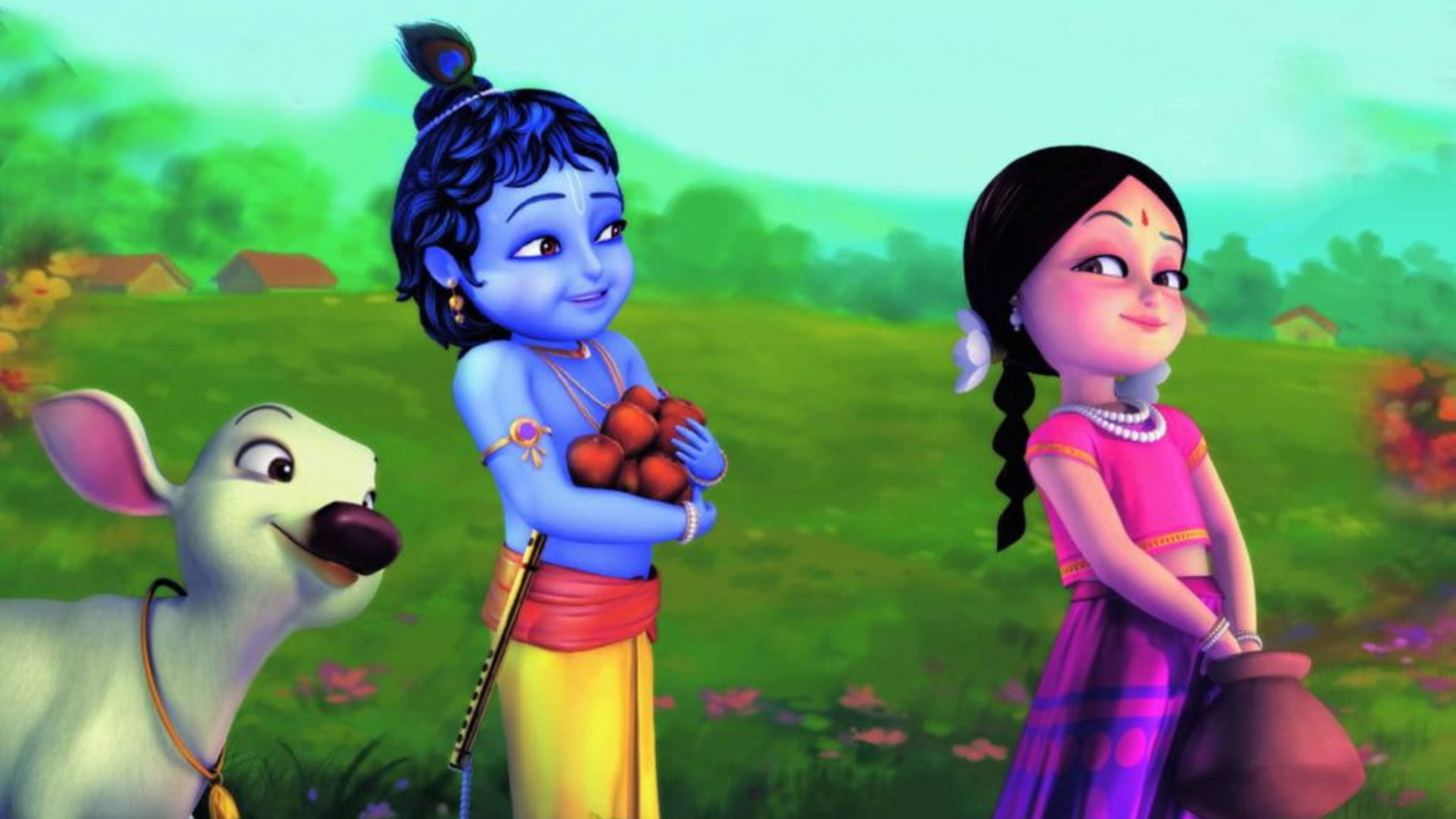 krishna ji 桌布 壁紙 — 藍皮膚動畫男孩拿著紅色波波，旁邊有微笑女孩和白色山羊，在充滿活力的綠色田野中。