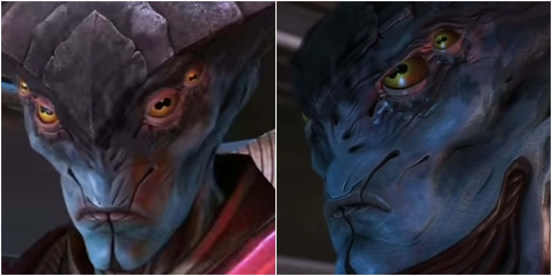 Mass Effect Javik 桌布 壁紙 — 藍皮膚外星人的特寫，發光的黃色眼睛和紋理皮膚，在昏暗的場景中。