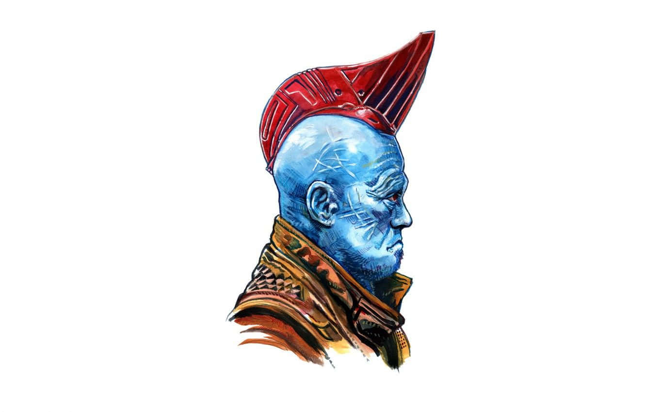 Yondu 桌布 壁紙 — 藍皮膚戰士戴著紅色尖刺頭盔和華麗項圈，以戲劇性的側面輪廓插圖呈現。