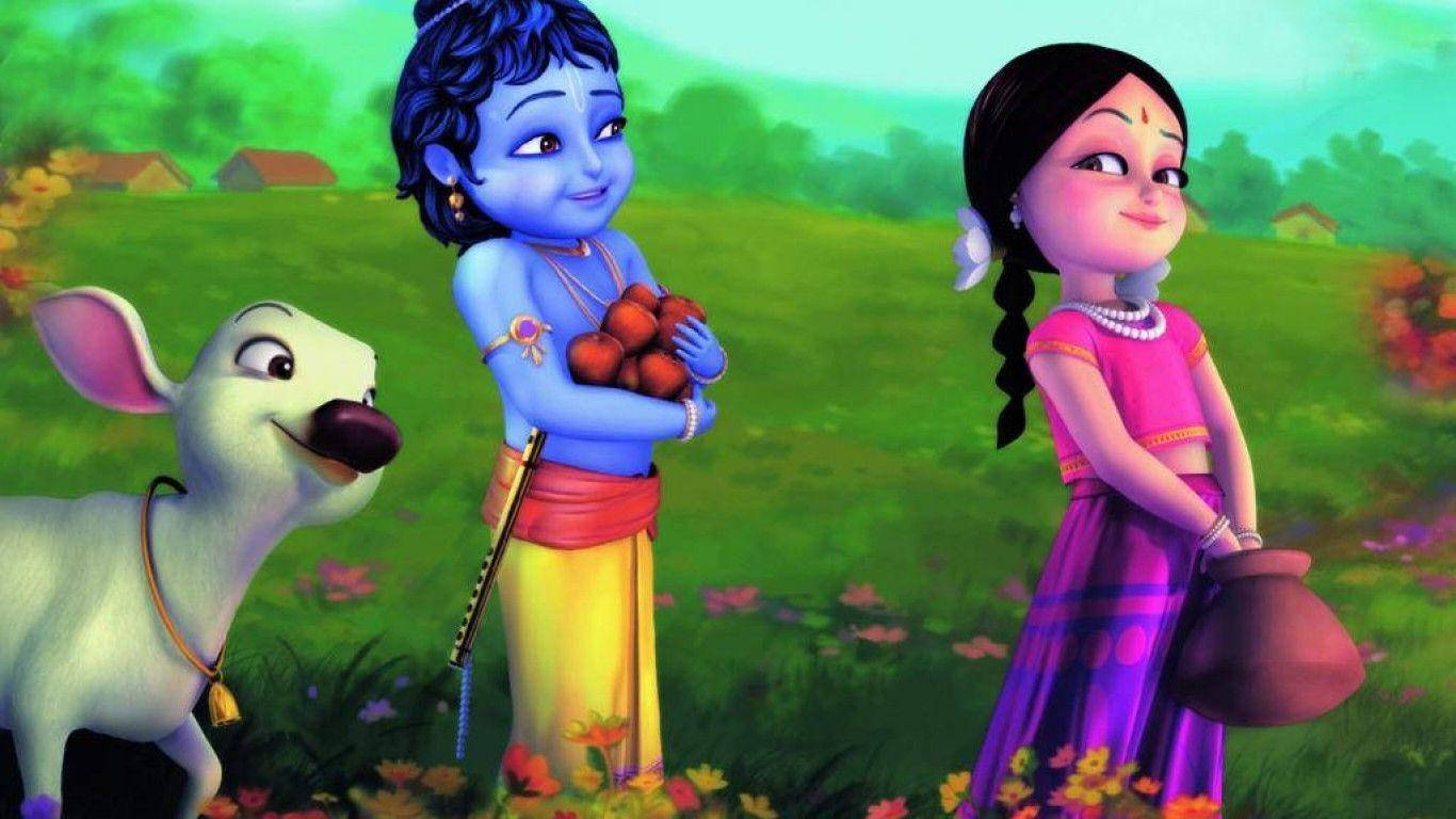 radha krishna HD 桌布 壁紙 — 藍皮膚男孩拿著紅色水果，旁邊是穿粉紅色裙子的女孩和一隻白色山羊，在充滿活力的綠色草地上。